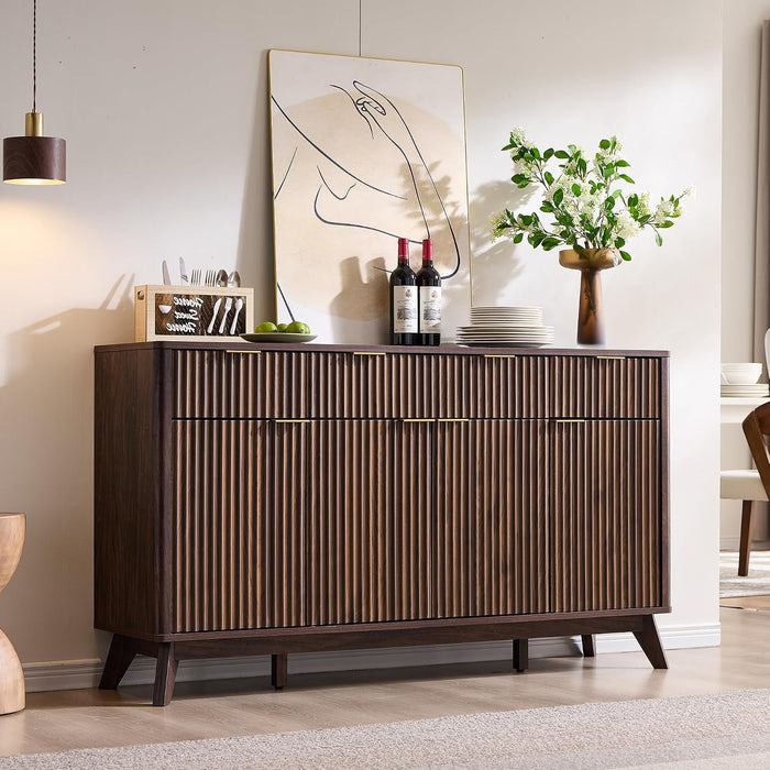 60 Inch Fluted Buffet Sideboard Cabinet, Dark Walnut | Modern Coffee Bar Storage Cabinet with 3 Drawers & 4 Doors, for Dining Room, Living Room, Hallway, Adjustable Shelves