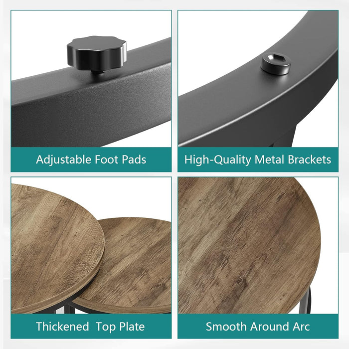 Nesting Coffee Table Set of 2, 23.6" round Coffee Table Wood Grain Top with Adjustable Non-Slip Feet, Industrial End Table Side Tables for Living Room Bedroom Balcony Yard