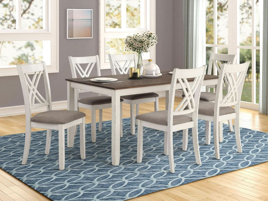 Home Furnishings - Fortress - Wood - 7-Piece Rectangular Dining Table Set – Farmhouse Style with Double-Cross Back Armless Side Chairs - Dining Room - Vintage White, Chestnut Brown - 190721