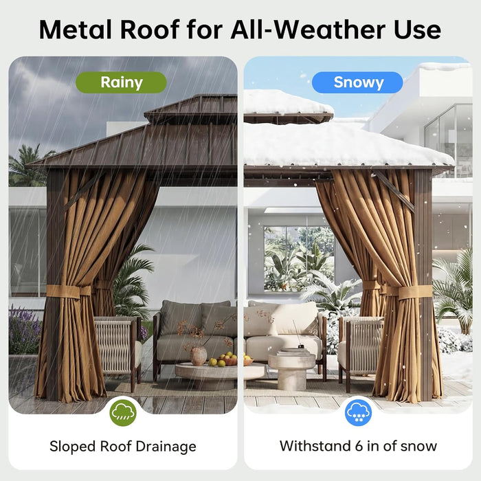 10X12Ft Hardtop Gazebo, Metal Frame with Double Galvanized Steel Roof, Permanent Outdoor Pergola with Curtains and Netting Included for Backyard, Patio, Lawn and Garden, Brown