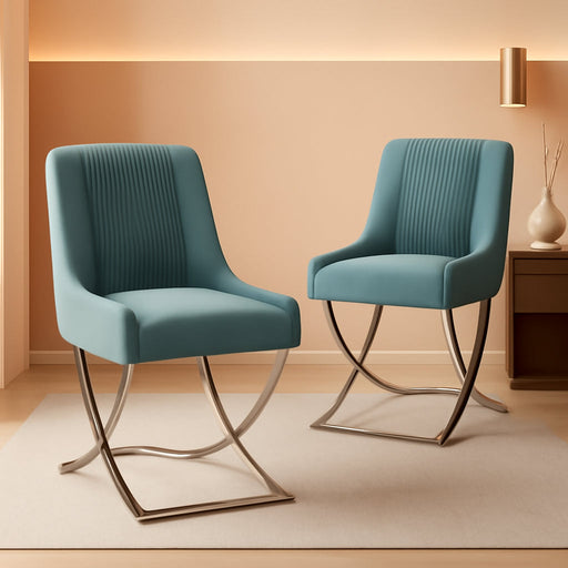 Kitchen Dining Chairs Set of 2,Accent Modern Upholstered Velevt,Contemporary Tufted Metal Chairs with X-Shaped Sliver Legs for Dining Room,Living Room, Reception Room(Green)