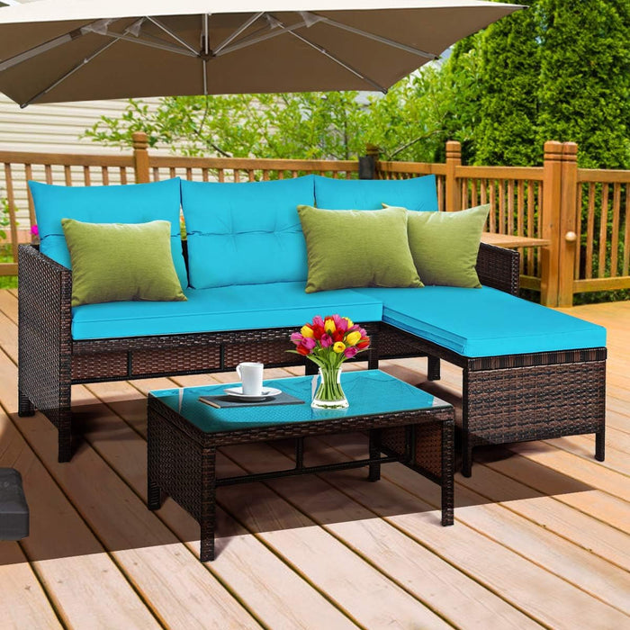 Patio Corner Sofa Set 3 Piece, Outdoor Rattan Sofa Set, Includes Lounge Chaise, Loveseat & Coffee Table, Patio Garden Poolside Lawn Backyard Furniture