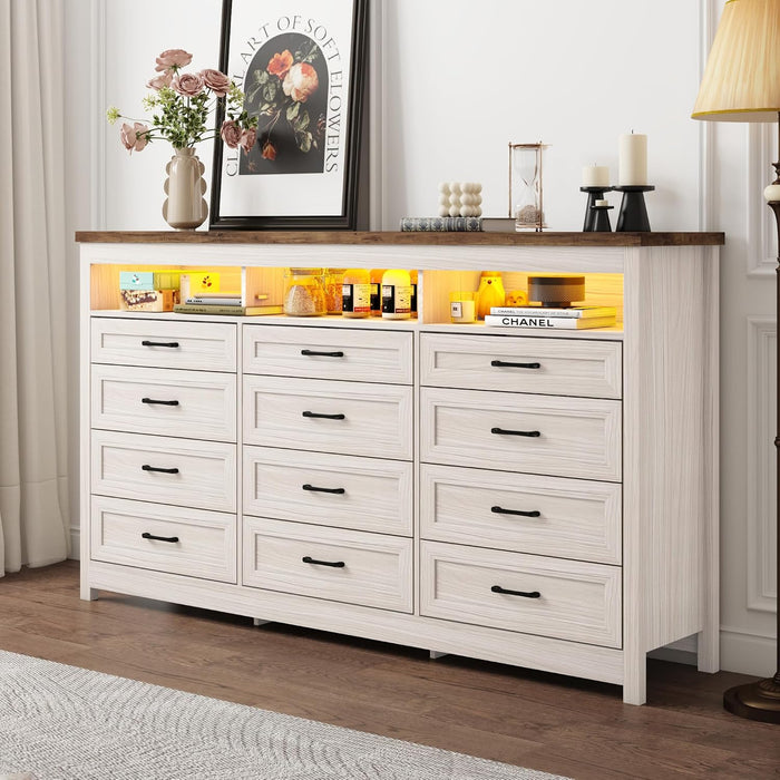 Farmhouse 12 Drawer Dresser with LED Lights, 71" Wide Large Chest of Drawers for Bedroom, Modern Wood Dresser Storage Organizer with Charging Station for Living Room, Bedroom, Hallway, Beige