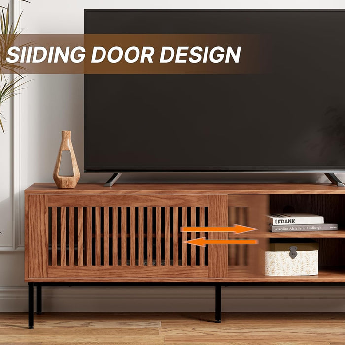 Farmhouse TV Stand for 65-70 Inch Tvs with Sliding Barn Door, Metal Frame & Adjustable Shelves - Rustic Brown Entertainment Center Media Console
