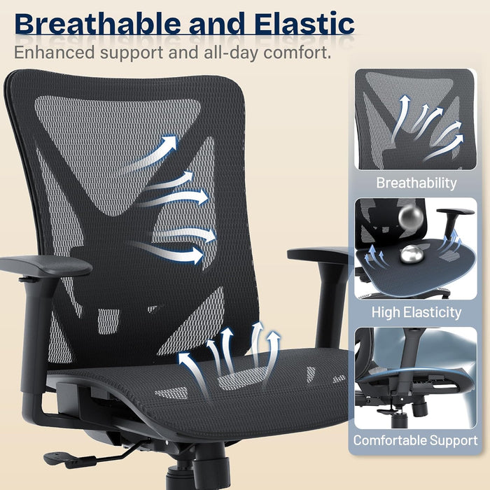 Ergonomic Office Chair, Mesh Computer Desk Chairs with BIFMA X5.1 Certified, Adjustable Lumbar Support, 3D Arm, Tilt Back, Wide Seat, Comfy Swivel Work Task Chair for Company and Home (Obsidian Black)