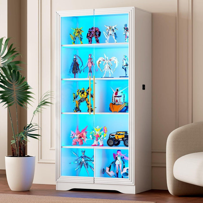 Display Cabinet with Glass Doors, 65" Tall Bookcase with LED Lights/Human Body Sensor, Display Case for Collectibles with Storage, Bedroom, Home Office, Living Room, White