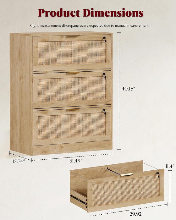 Extra Large 3 Drawers Rattan File Cabinet with Lock