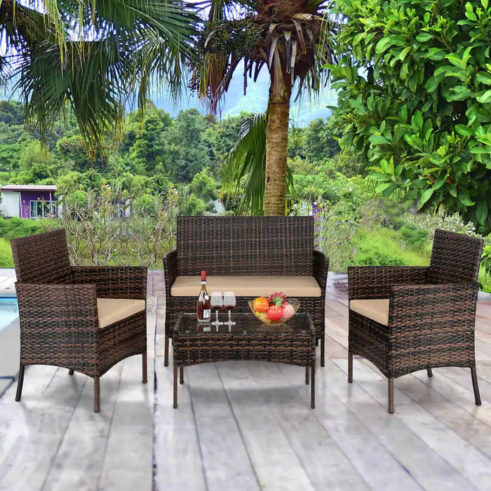 4-Piece Wicker Patio Conversation Set with Beige Cushions