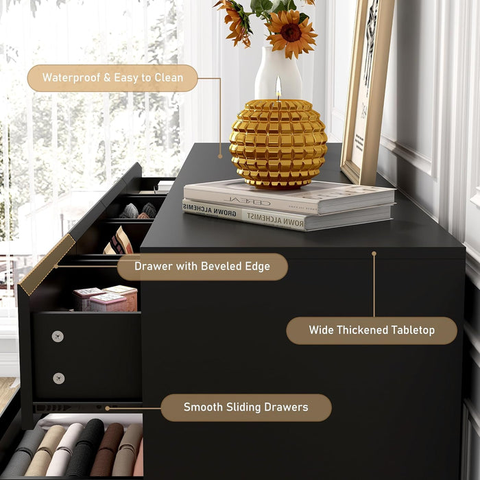 Black Malm Dresser for Bedroom, 55" Wide 37" Tall Dresser with 10 Drawers, Modern Large Wood Chest of Drawer Handle Free, Living Room, Entryway, Hallway, Black