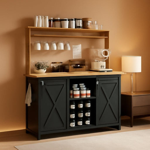Farmhouse Coffee Bar Cabinet with Storage, 47'' Buffet Cabinet with Hutch and Sliding Barn Door, Coffee Bar with 9 Wine Racks and 6 Hooks for Dining Room, Living Room, Black
