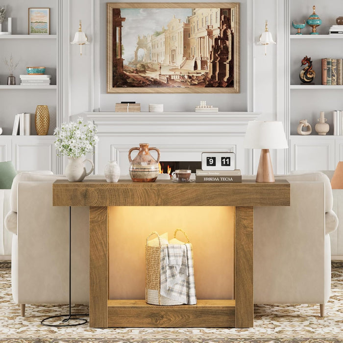 47.2" Farmhouse Wood Entryway Table with Outlet, 2-Tier Console Table with Sensor Light behind the Couch Sofa, Entrance Side Table for Hallway/Living Room/Foyer, Natural Oak