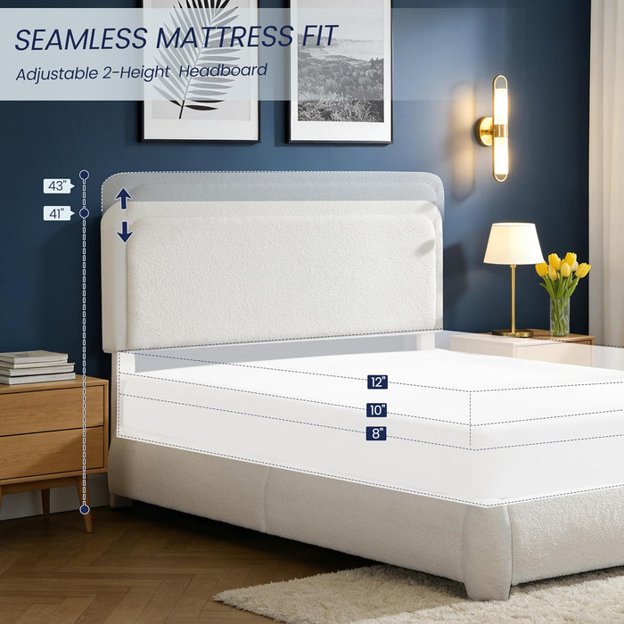 Full Size Upholstered Cloud Bed Frame with Adjustable Headboard, Modern Platform Bed with Boucle Fabric Wood Slat, Low Profile, No Box Spring Needed, Easy Set Up, White