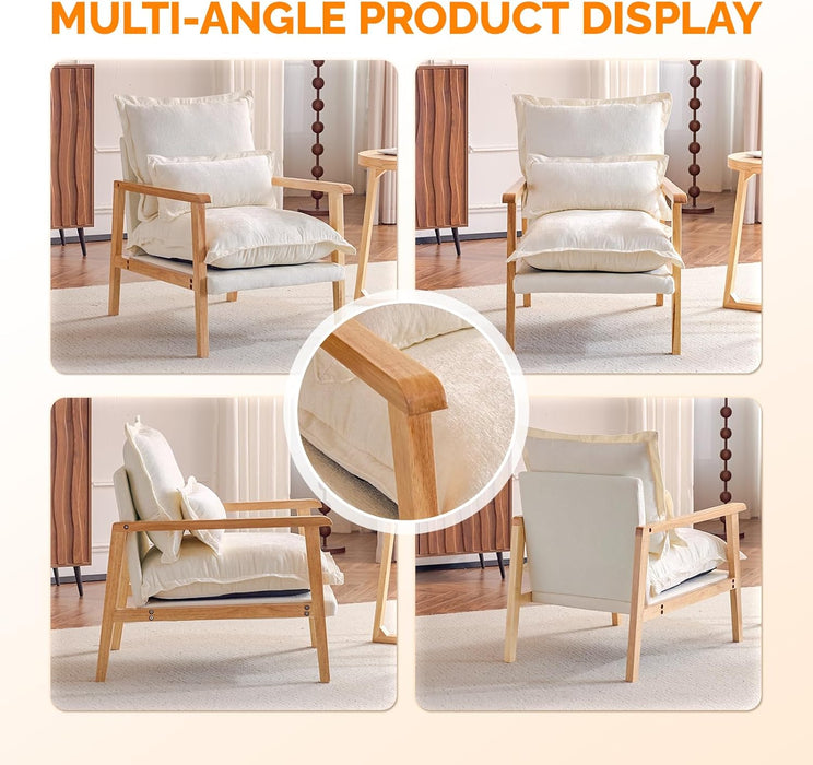 Mid-Century Modern Cloud Accent Armchairs Set of 2 with Lumbar Pillow, 6.3'' Thick Seat Cushion Reading Chairs with Wooden Armrests, Boho Lounge Chair for Bedroom, Living Room, Chenille, Beige