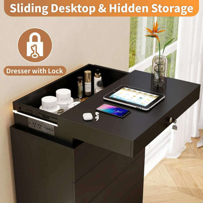 Black Tall Dresser with Sliding Top Lock & LED Light, 51.3" Tall 7 Drawer Chest of Drawers with Charging Station, Modern Wood Bedroom Storage Organizer for Closet, Hallway, Entryway