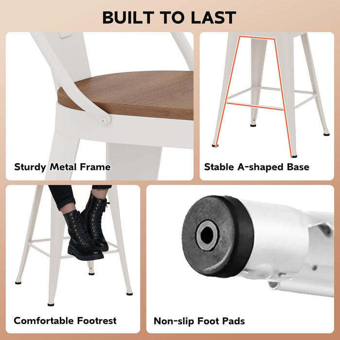 24" Metal Counter Height Bar Stools with Back Set of 4 Off-White | Modern Farmhouse Barstools with Large Seat, Footrest, High Back Counter Bar Chairs for Kitchen Island, Dining Room