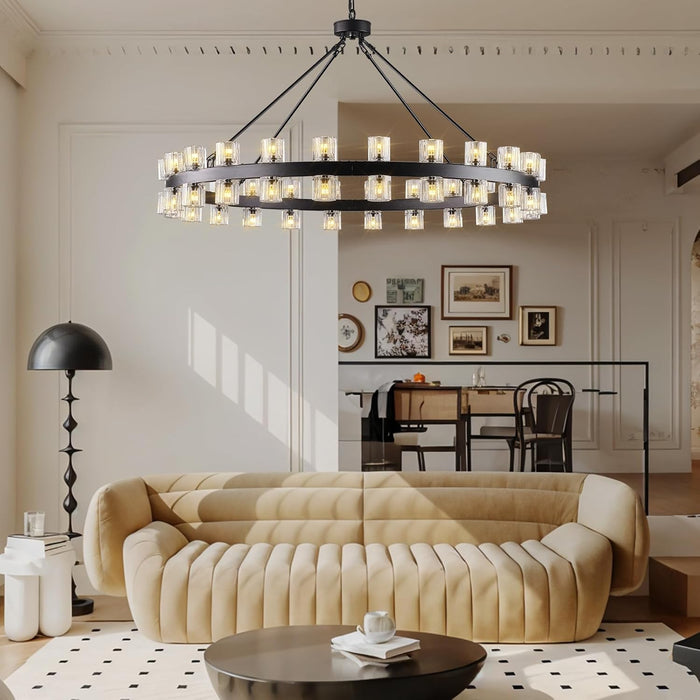 60 Inch Black Wagon Wheel Chandelier with Crystal Shade, 60 Lights, Large round Modern Farmhouse Style, Perfect for High Ceiling, Dining Room, Kitchen, Entryways, Foyer