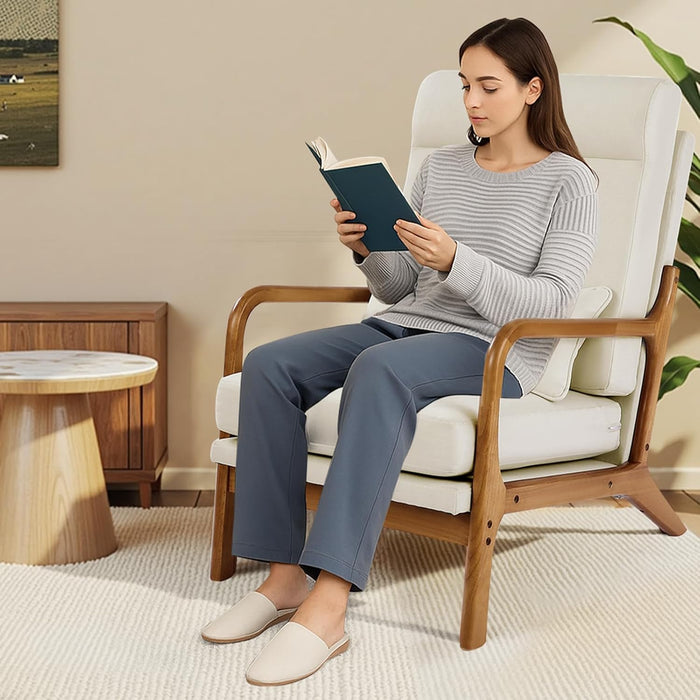 Accent Chair, High Back Mid Century Modern Armchair with Solid Wood Frame and Non-Slip Legs, Upholstered Leisure Chair with Linen Fabric and 5.3 in Thickened Cushion, for Living Room, Bedroom