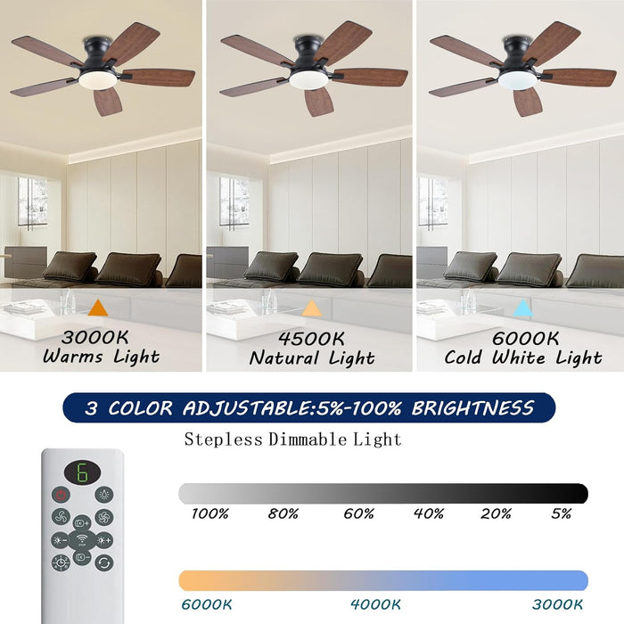 Ceiling Fans with Lights, 42 Inch Low Profile Ceiling Fan with Light and Remote Control, Flush Mount, DC Reversible Motor, Noiseless, Brown 6 Speeds Ceiling Fan for Bedroom