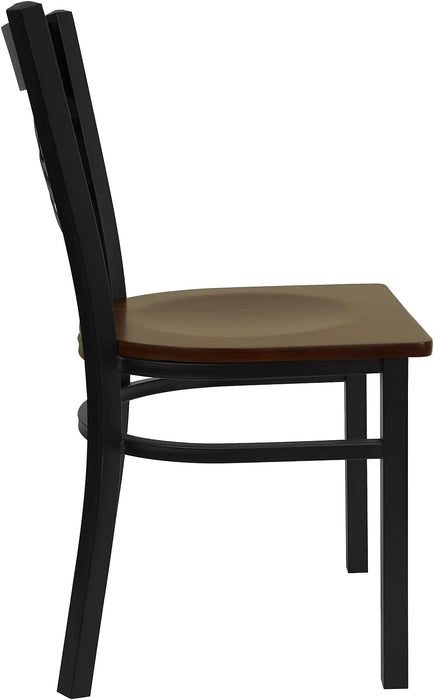 2 Pack HERCULES Series Black ''X'' Back Metal Restaurant Chair - Mahogany Wood Seat