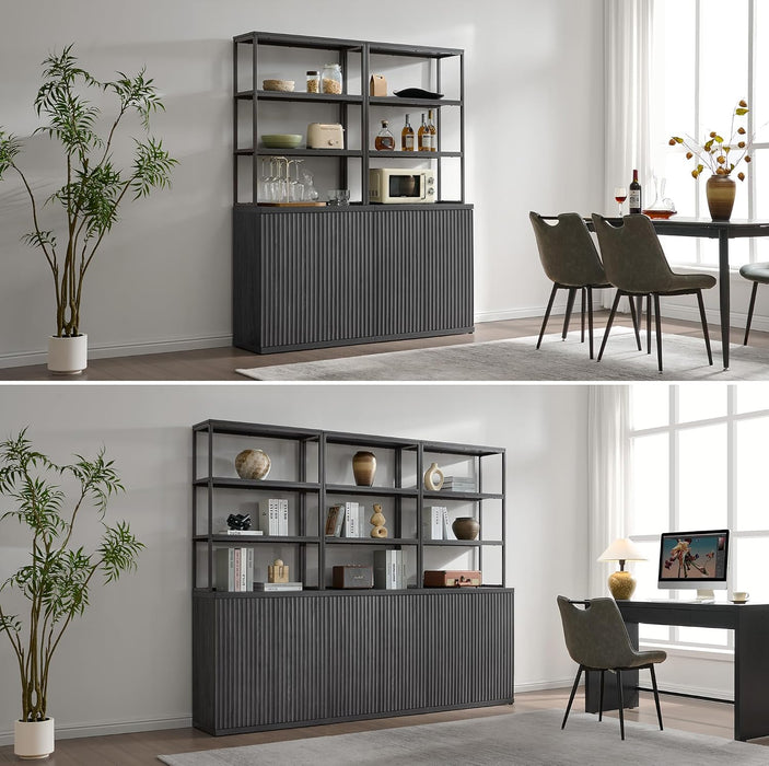 Fluted Book Shelf with Doors 75" Tall Bookshelf with Storage | 6 Tier Large Bookcase with Bottom Cabinet - Modern Metal Book Case for Living Room, Home Office, Kitchen, 3 Pieces