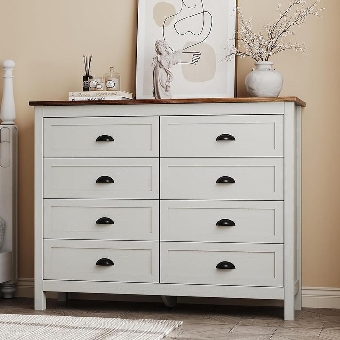Farmhouse White Dresser for Bedroom, 8 Drawers Dresser