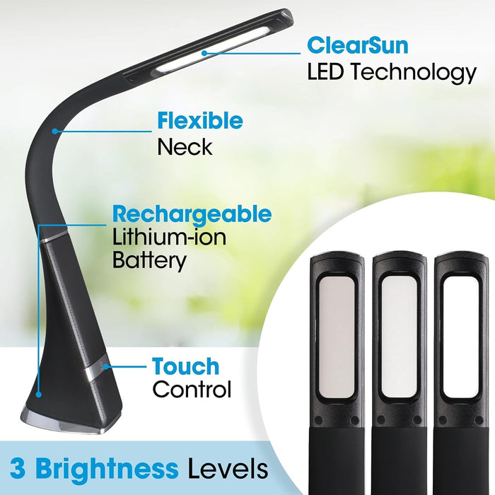 Recharge LED Desk Lamp with Clearsun LED Technology - Portable, Dimmable & Flexible Gooseneck - Travel-Friendly Task Lamp with Rechargeable Battery - for Home, Reading, Office & College Dorms