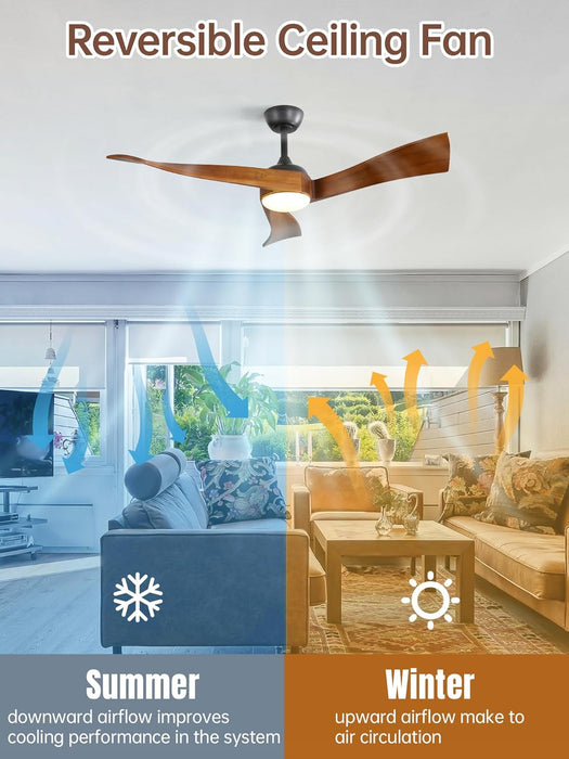 52 Inch Ceiling Fan with Light and Remote, Modern 3 Solid Wood Blades Ceiling Fan, 6 Speeds 5500CFM, Dimmable 3-Color LED with Memory, Timer & Quiet & Reversible DC Motor, ETL, Walnut Wood