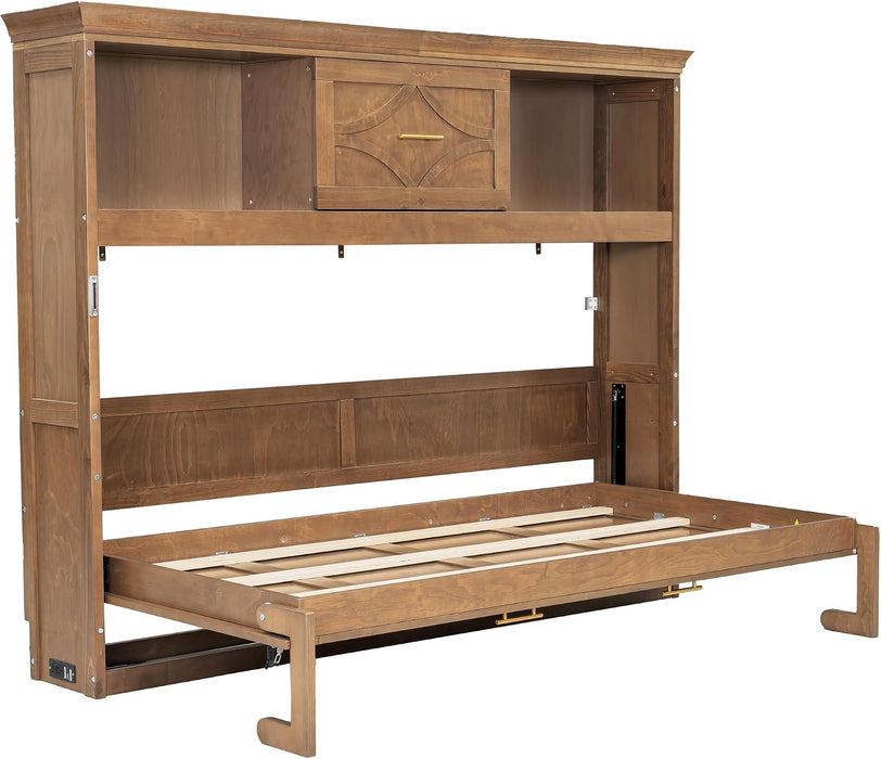 Natural Wood Twin Murphy Bed With StorageBookcaseDrawer