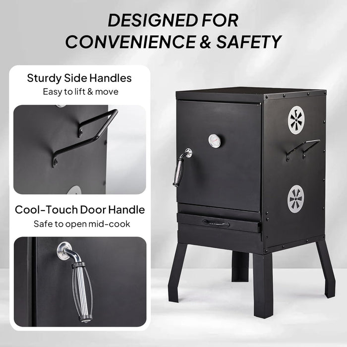 Outdoor Smoker with Door, Vertical Charcoal Smoker, Outdoors Charcoal Grill with 2 Detachable Grill Netting Smoking Racks, Suitable for Lawn Picnic Backyard BBQ, Small Families, Black