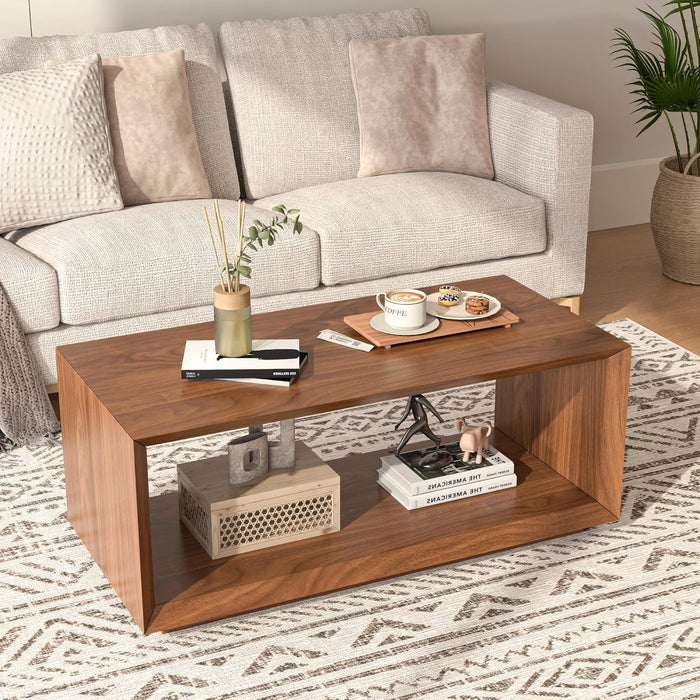 Coffee Table with Storage, Mid Century Modern, Rectangle Cocktail Tea Table, Farmhouse Wood Coffee Table for Living Room, Home Office (Walnut)