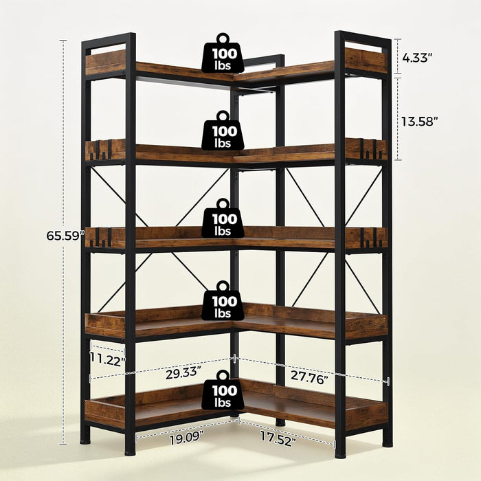 5-Tier Corner Bookshelf, L-Shaped Metal Frame Shelf with Tall 14" Shelves, Plant Stand and Storage Rack for Small Spaces, Living Room and Home Office, Brown