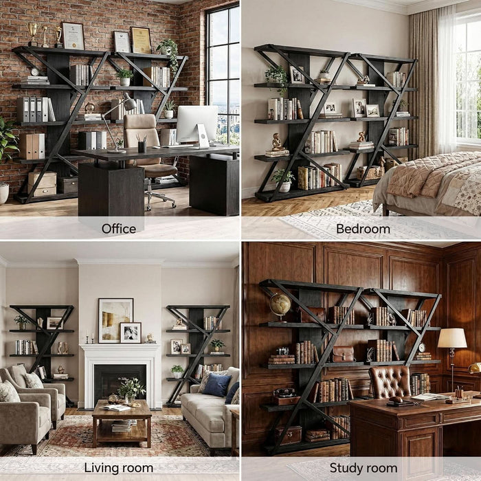 Industrial Bookshelf, Vintage 5-Tier Tall Bookcase with Wood and Metal Frame, Rustic Large Display Shelf for Home Office, 72" H X 47" L X 12" W, Black