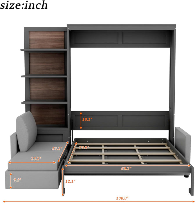 Murphy Bed Queen Size Wall Bed with Sofa,Wood Murphy Bed,Platform Bedfram Chest Can Be Folded,Hideaway Cabinet W/Shelves and Slat Support,Space-Saving Furniture for Study,Office,Gray