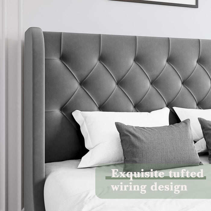 Grey King Bed Frame, Velvet Upholstered Platform Bed Frame with Headboard, Curved Wingback Design, Wooden Slats, No Box Spring, Noise Free, Easy Assembly