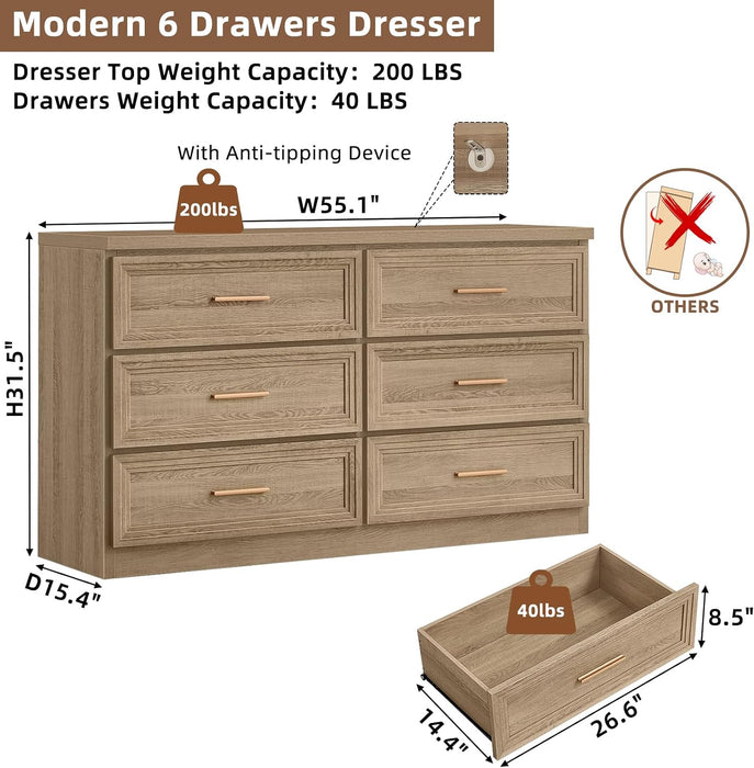 55.1" Wide Farmhouse 6 Drawers Dresser for Bedroom, Oak