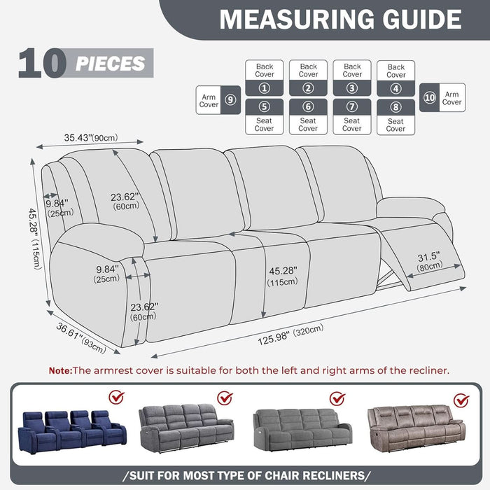 Diamond Recliner Sofa Covers 10-Pieces Stretch Large RV Couch Covers for 4 Seats Reclining Slipcovers Soft Solid Furniture Protector (Grey,4 Seat)