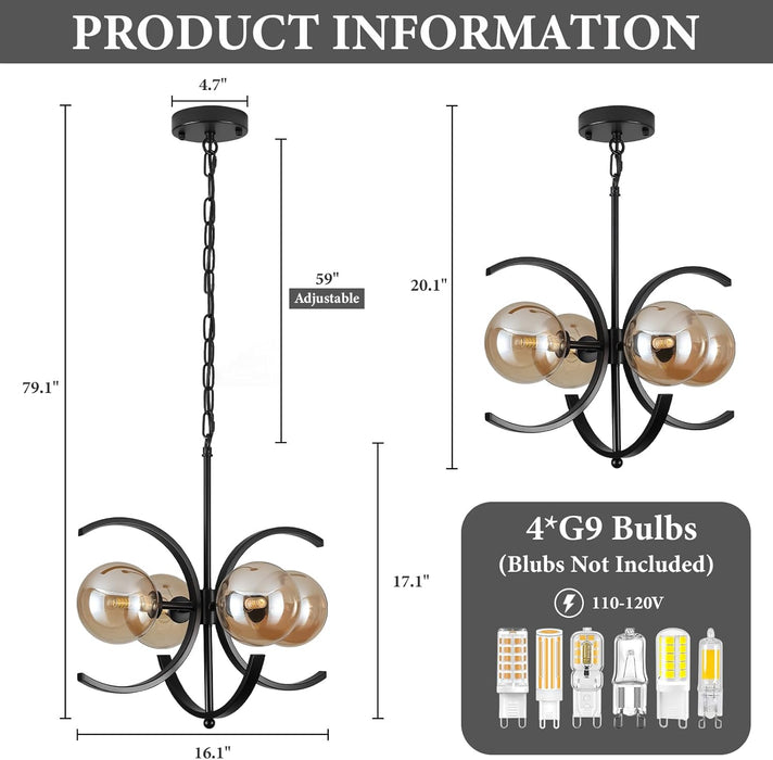 Modern Sputnik Chandelier,4-Light Black Chandelier with Amber Glass Globe Shades,Mid Century Industrial Chandeliers Dining Room Light Fixtures,Farmhouse Chandeliers for Dining Room Foyer Entryway