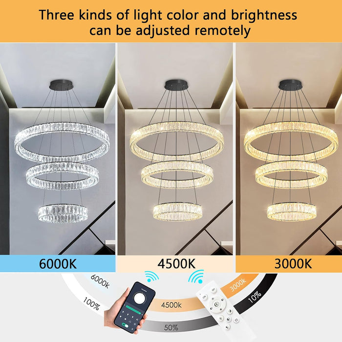 Modern Glam Chandelier Crystal LED Remote Rings Chandelier Adjustable Hanging Ceilings Pendant Lights Fixture Black 16"+24"+32" Rings Lighting