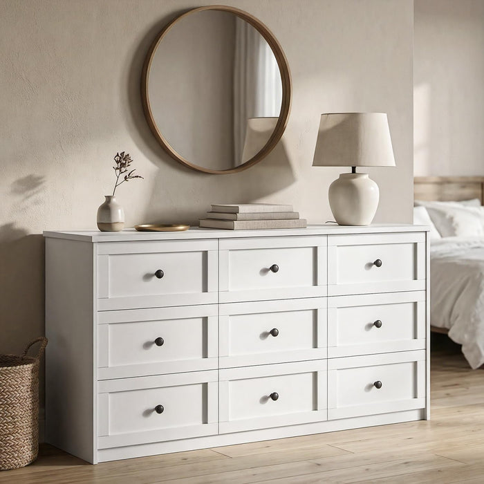59" Wide White 9 Drawer Dresser for Bedroom with Black Metal Handle