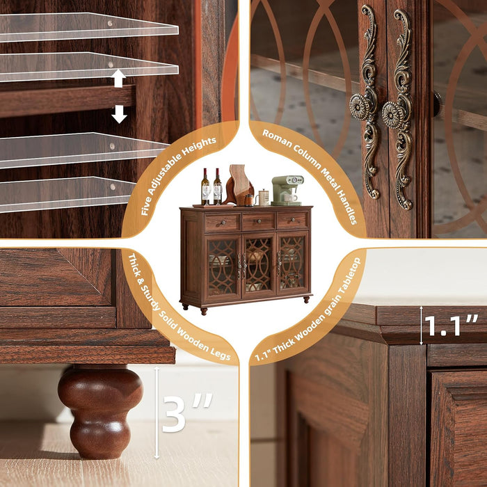 Farmhouse Sideboard Buffet Cabinet with Storage,48" Large Credenza with 3 Glass Doors & 3 Drawers,Adjustable Shelves Console Table,Wood Kitchen Coffee Bar for Dining Room,Living Room,Brown