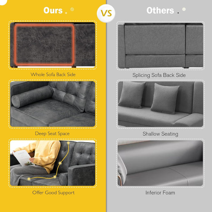 2 Pieces Faux Leather Sofa Set with Bolster Pillows,Tufted 3-Seat Sofa and Loveseat Couch with Wooden Legs, Upholstered Living Room Set for Living Room, Office, Grey