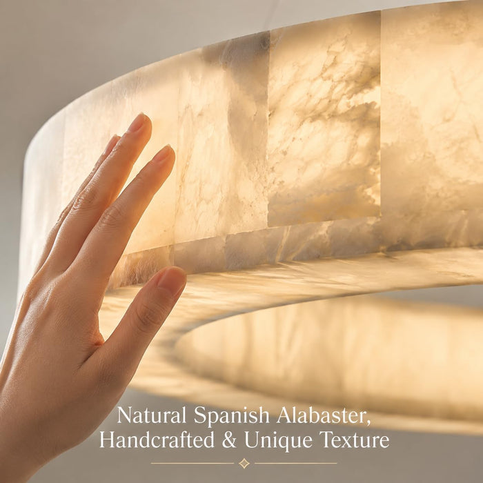 Alabaster round Chandelier, 31.5In Spanish Natural Marble Pendant Light, Dimmable 3-Color Modern Marble Chandelier for Dining Room, Living Room, Bedroom, Bathroom & Foyer