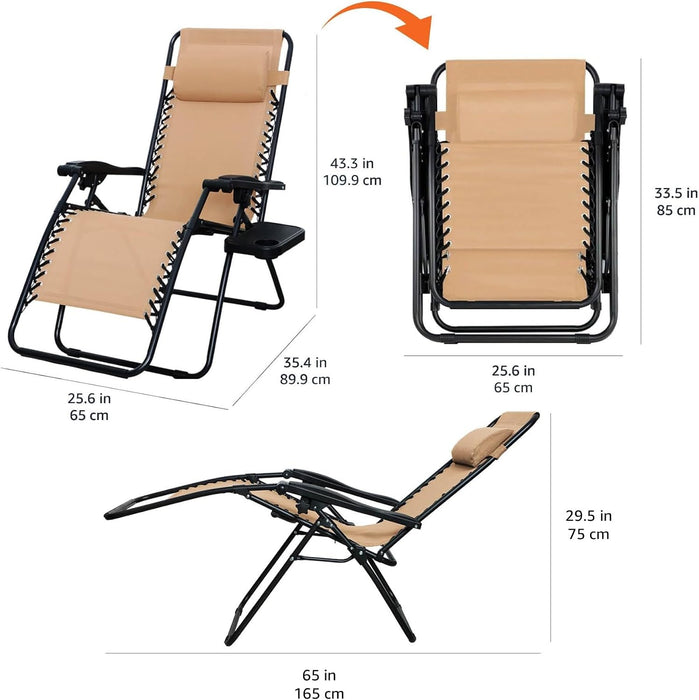 Outdoor Textilene Adjustable Zero Gravity Folding Reclining Lounge Chair Set with Cup Holder, Side Table, Headrest, Weather-Resistant, 35 X 26 X 43 Inches, Beige, 2-Pack