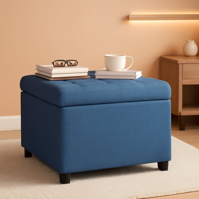 Storage Ottoman Coffee Table with Flip Top Seat Lid, Tufted Upholstered Footstool with Wood Frame for Living Room, Entryway, Bedroom, Blue
