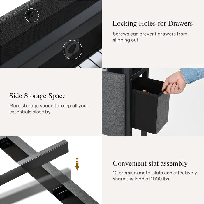 Queen Size with 2 Storage Drawers and Charging Station, Linen Upholstered Platform Bed with Storage Headboard and LED Light, Heavy Duty Metal Support, No Box Spring Needed, Noise Free, Dark Grey