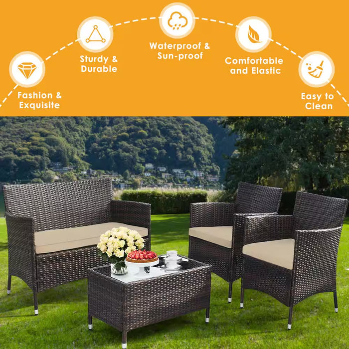 4-Pieces Rattan Patio Outdoor Furniture Set with Beige Cushioned Chair Loveseat Table