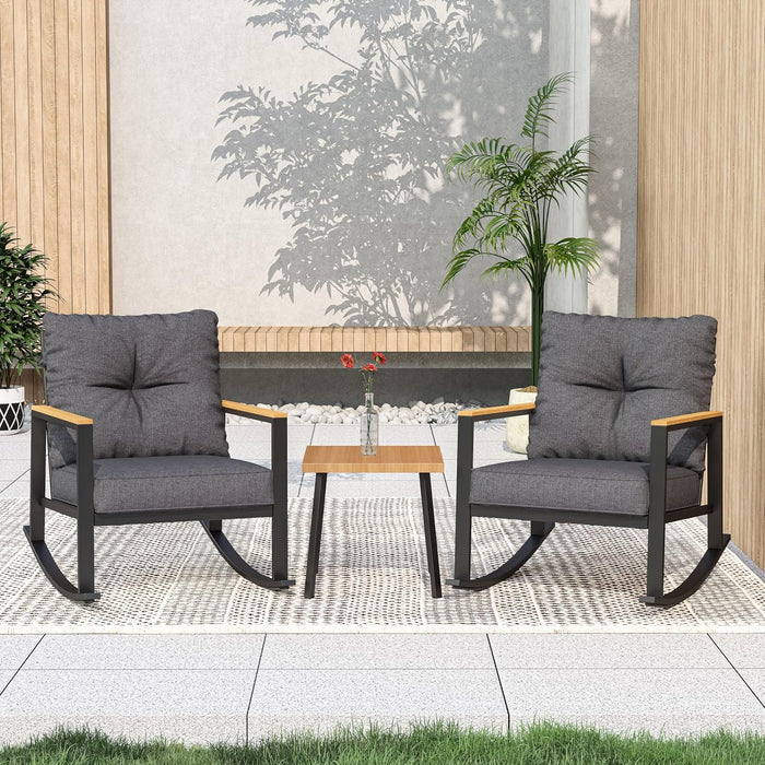 3 Pieces Rocking Bistro Set, Outdoor Patio Furniture Set with Thick Cushions and Coffee Table, Patio Conversation Sets for Garden, Balcony, Backyard, Grey