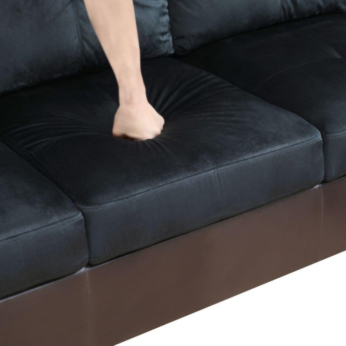 L-Shaped 3-Piece Lint and PVC Sofa with Storage Ottoman Set, Sectional Couch Sofa Set for Living Room, Office, Small Space, Dark Blue and Brown