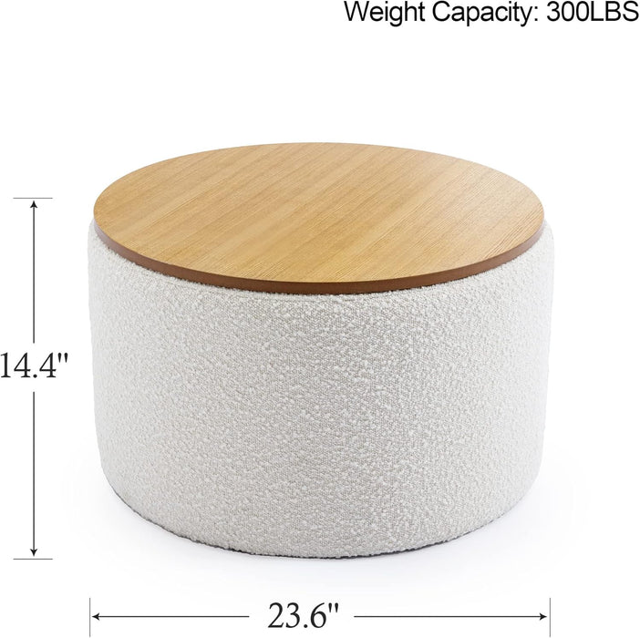 21 Inch Modern round Ottoman with Storage, Large Dorm Boucle Ottoman Coffee Table, Multi-Functional Wood Foot Rest Stool, Extra Seating Chair for Dorm, Living Room Couch, Bedroom, Off-White