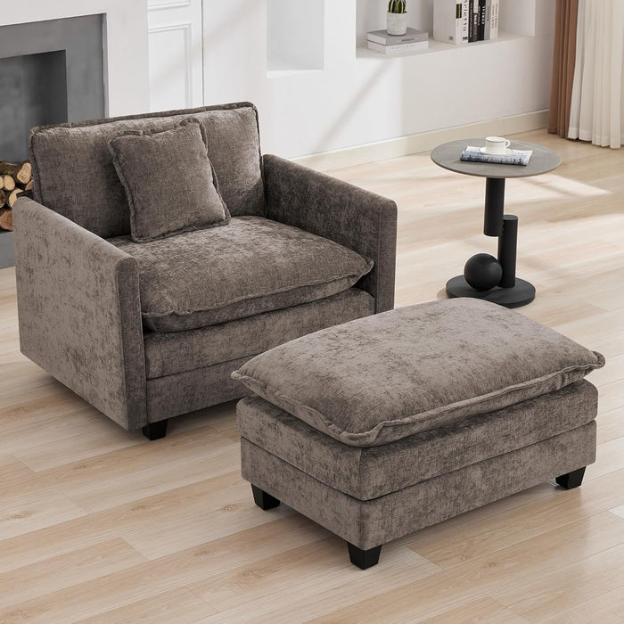 35‘’ Modern Chenille Cloud Sofa Ottoman,Rectangle Ottoman for Modular Sectional Sofa, Brown